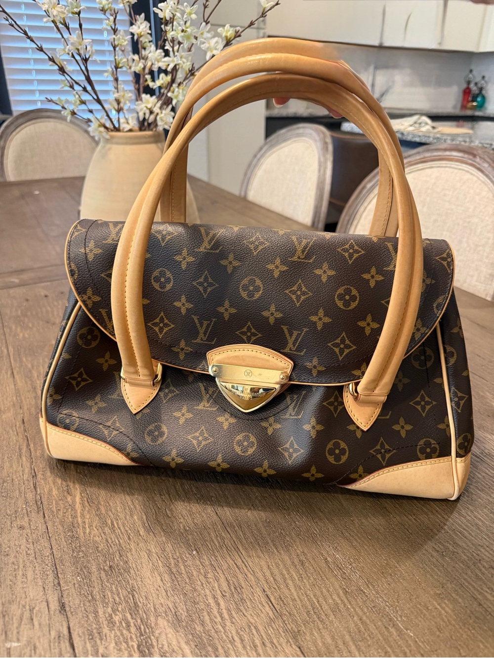 Louis Vuitton Monogram Canvas Satchel with Tan Leather Handles